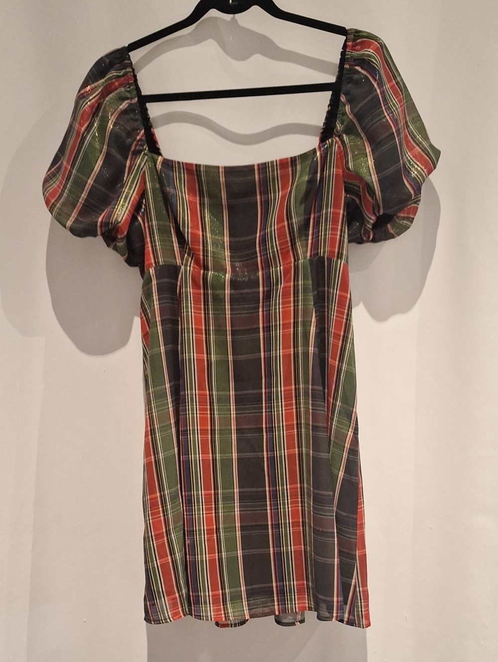 Hill House Home Matilda Tartan Plaid Puff-Sleeve Mini Dress in Green & Red